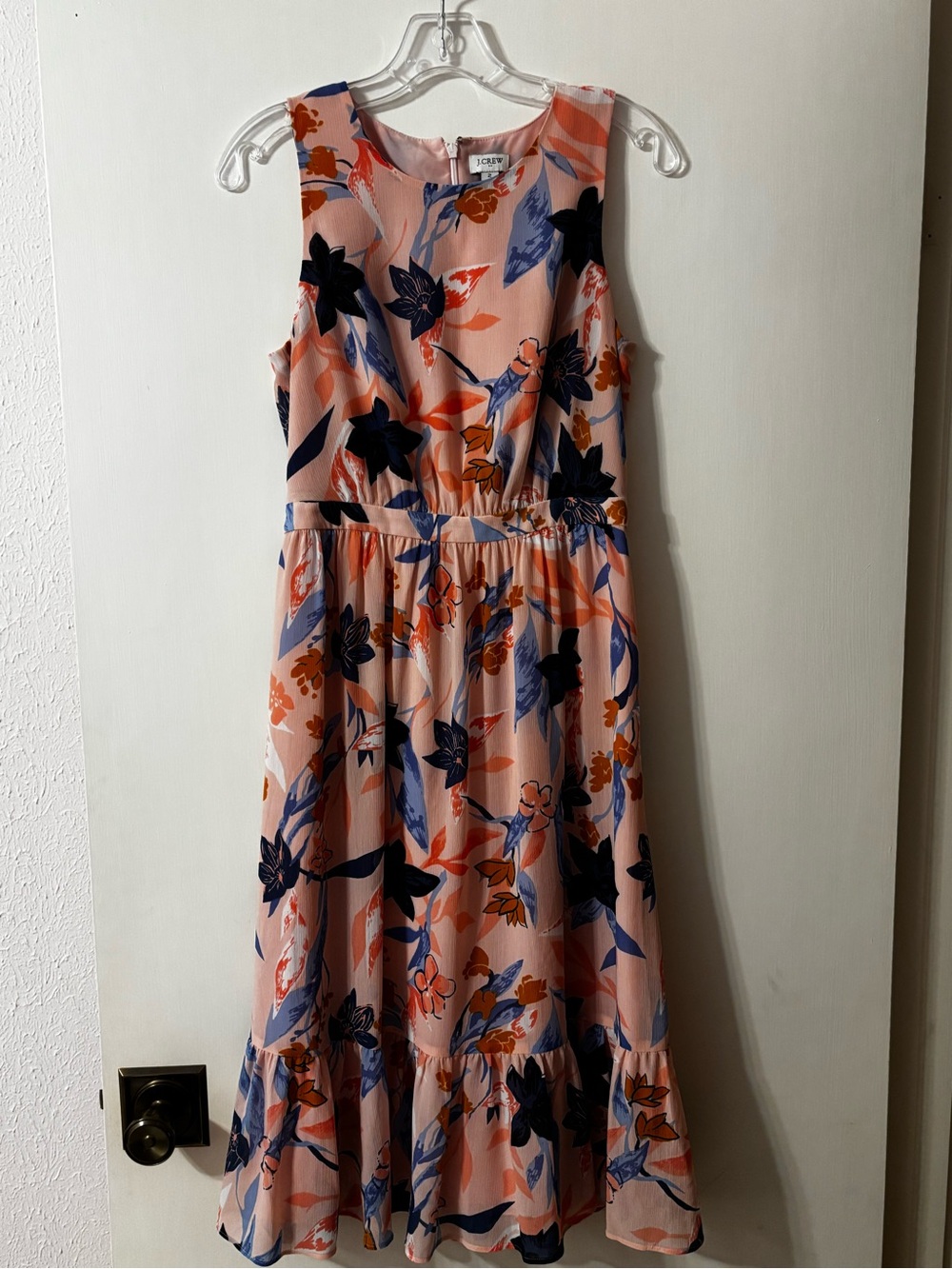 J.Crew Pink Floral Midi Dress with Navy & Orange Accents